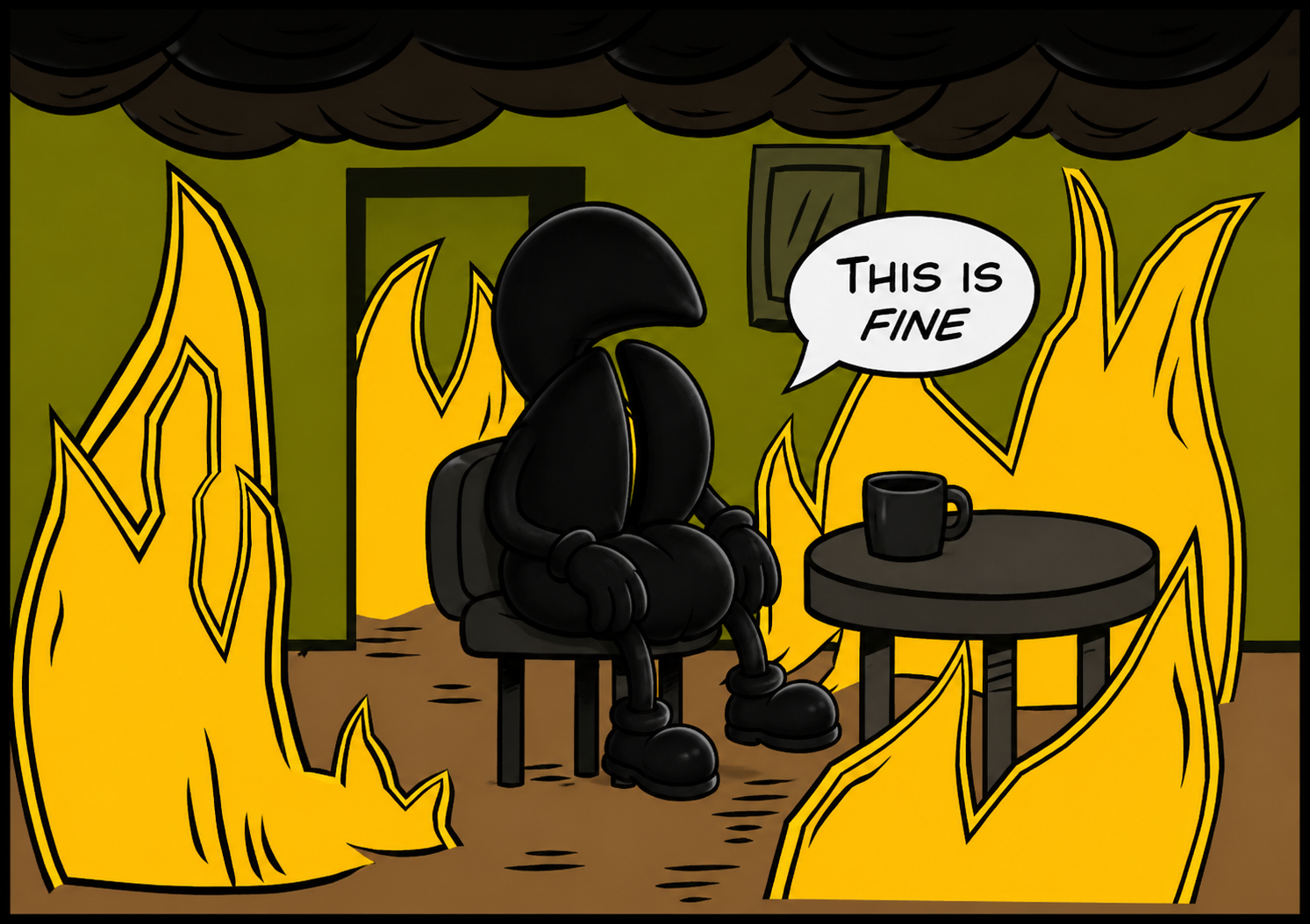 Rubenhood mascot sitting calmly in a burning room saying This Is Fine